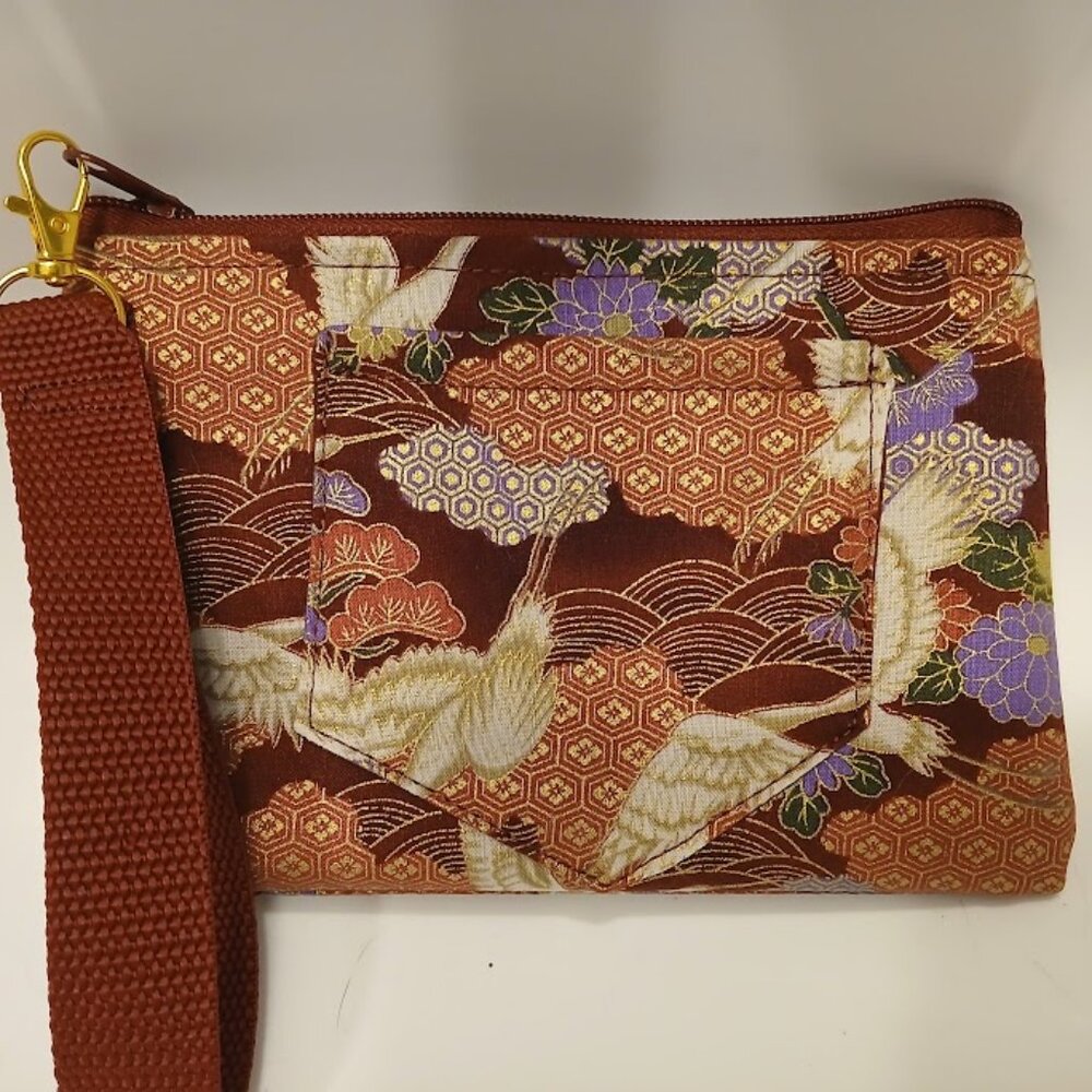 New Zippy Hanging Wristlet Clutch Pouch Envelope Purse Burgundy Crane Birds